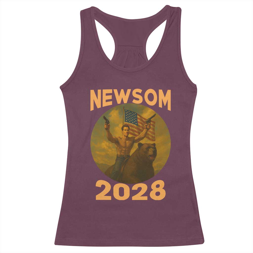 Gavin Newsom 2028 Racerback Tank Top Patriotic Leader President 48 Riding Bear TS11 Maroon Print Your Wear