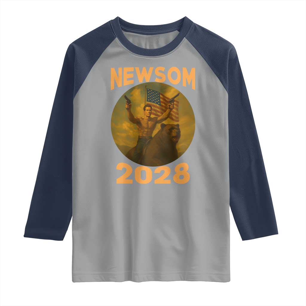 Gavin Newsom 2028 Raglan Shirt Patriotic Leader President 48 Riding Bear TS11 Sport Gray Navy Print Your Wear