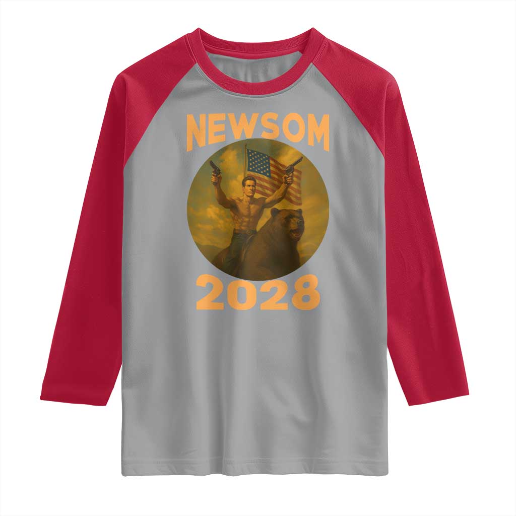 Gavin Newsom 2028 Raglan Shirt Patriotic Leader President 48 Riding Bear TS11 Sport Gray Red Print Your Wear
