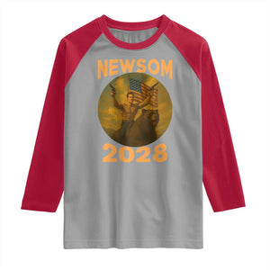 Gavin Newsom 2028 Raglan Shirt Patriotic Leader President 48 Riding Bear TS11 Sport Gray Red Print Your Wear