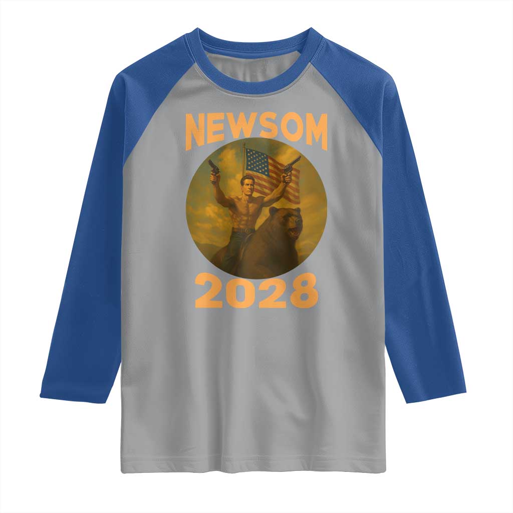 Gavin Newsom 2028 Raglan Shirt Patriotic Leader President 48 Riding Bear TS11 Sport Gray Royal Print Your Wear