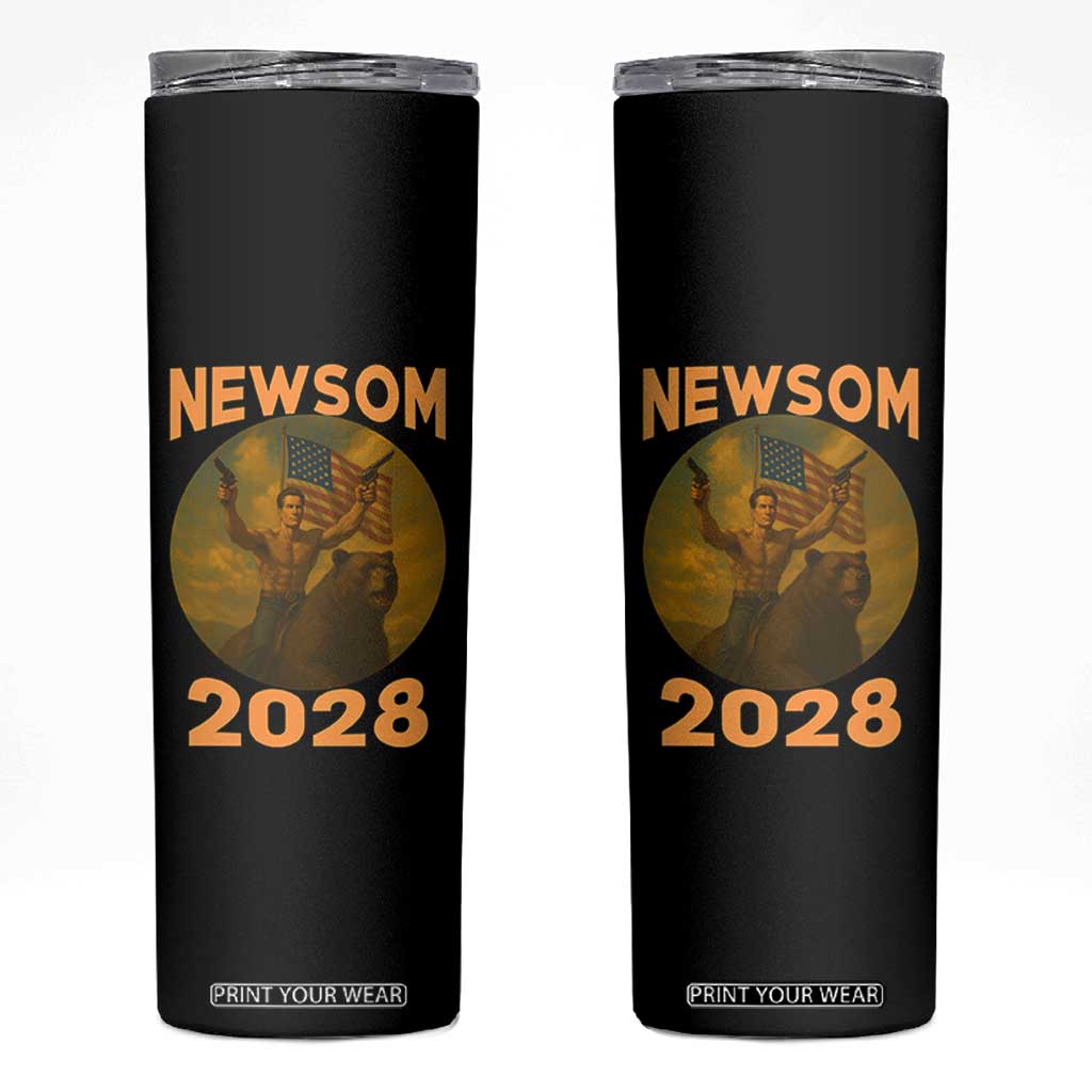 Gavin Newsom 2028 Skinny Tumbler Patriotic Leader President 48 Riding Bear TS11 Black Print Your Wear