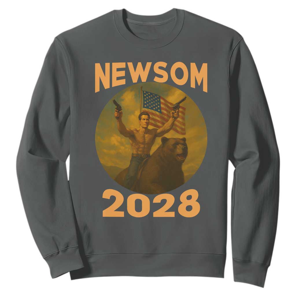 Gavin Newsom 2028 Sweatshirt Patriotic Leader President 48 Riding Bear TS11 Dark Heather Print Your Wear