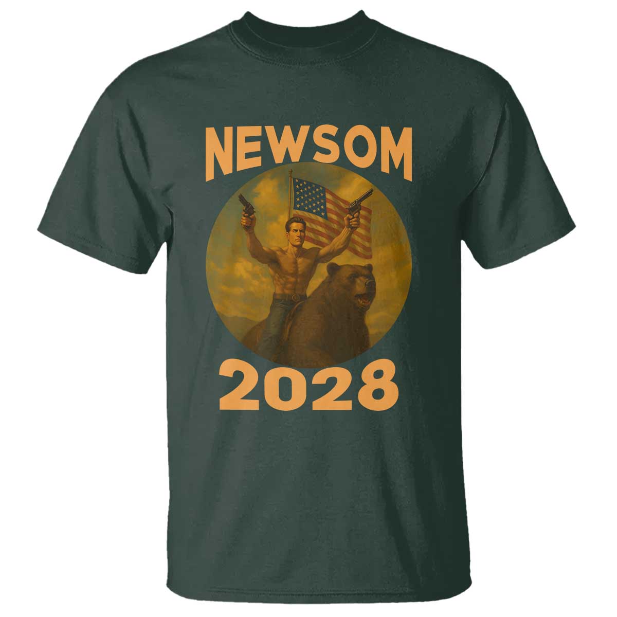 Gavin Newsom 2028 T Shirt Patriotic Leader President 48 Riding Bear TS11 Dark Forest Green Print Your Wear