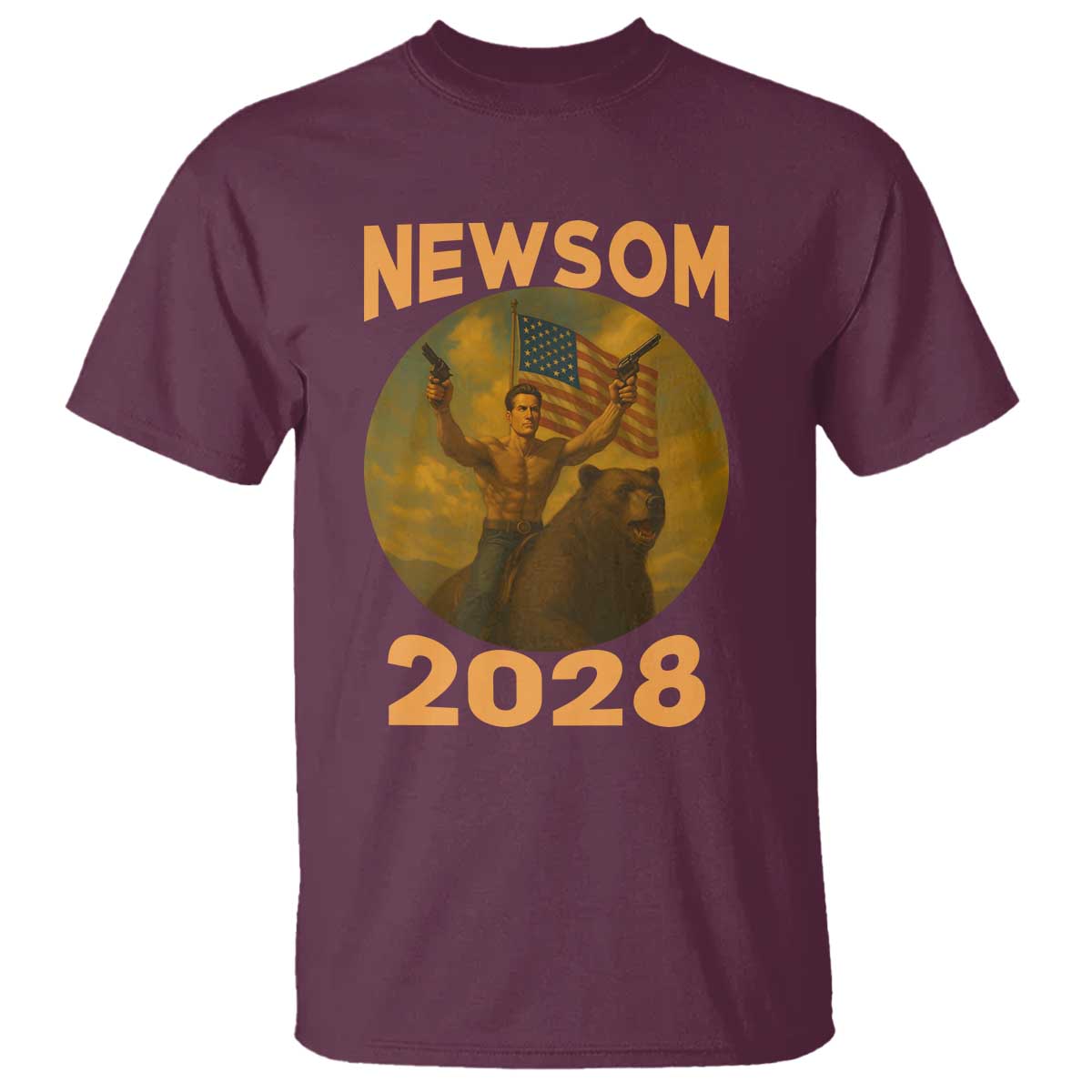 Gavin Newsom 2028 T Shirt Patriotic Leader President 48 Riding Bear TS11 Maroon Print Your Wear
