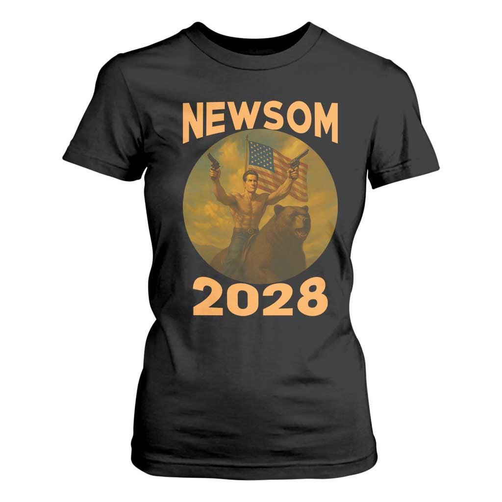 Gavin Newsom 2028 T Shirt For Women Patriotic Leader President 48 Riding Bear TS11 Black Print Your Wear