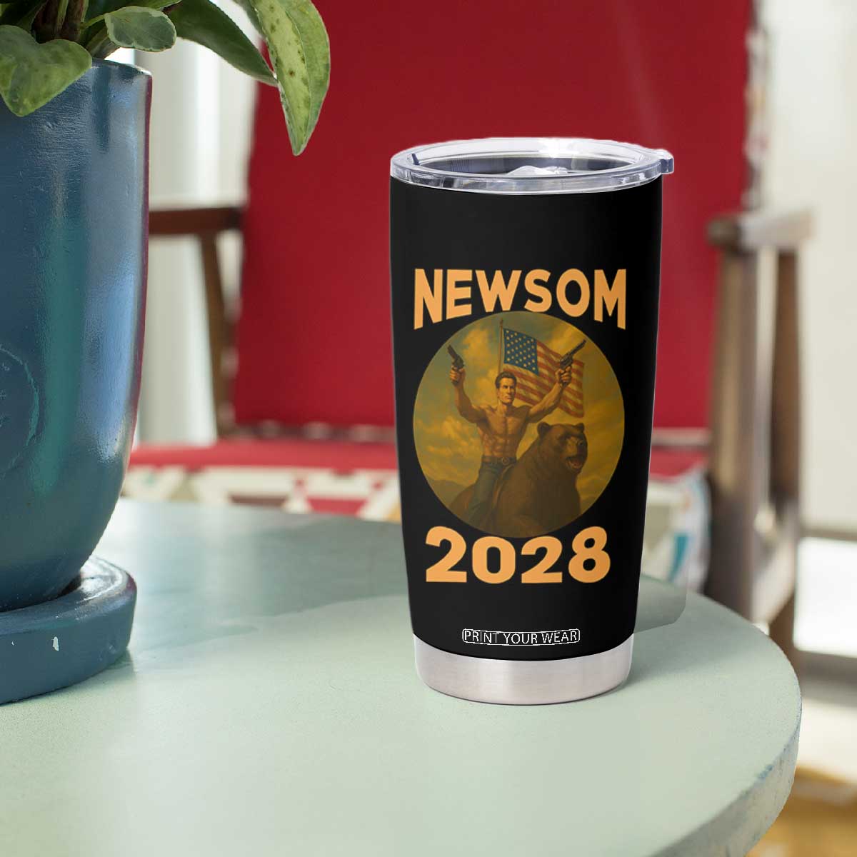 Gavin Newsom 2028 Tumbler Cup Patriotic Leader President 48 Riding Bear TS11 Print Your Wear