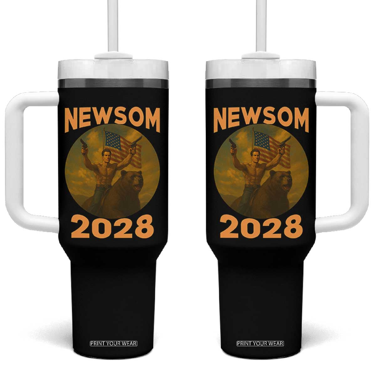 Gavin Newsom 2028 Tumbler With Handle Patriotic Leader President 48 Riding Bear TS11 One Size: 40 oz Black Print Your Wear