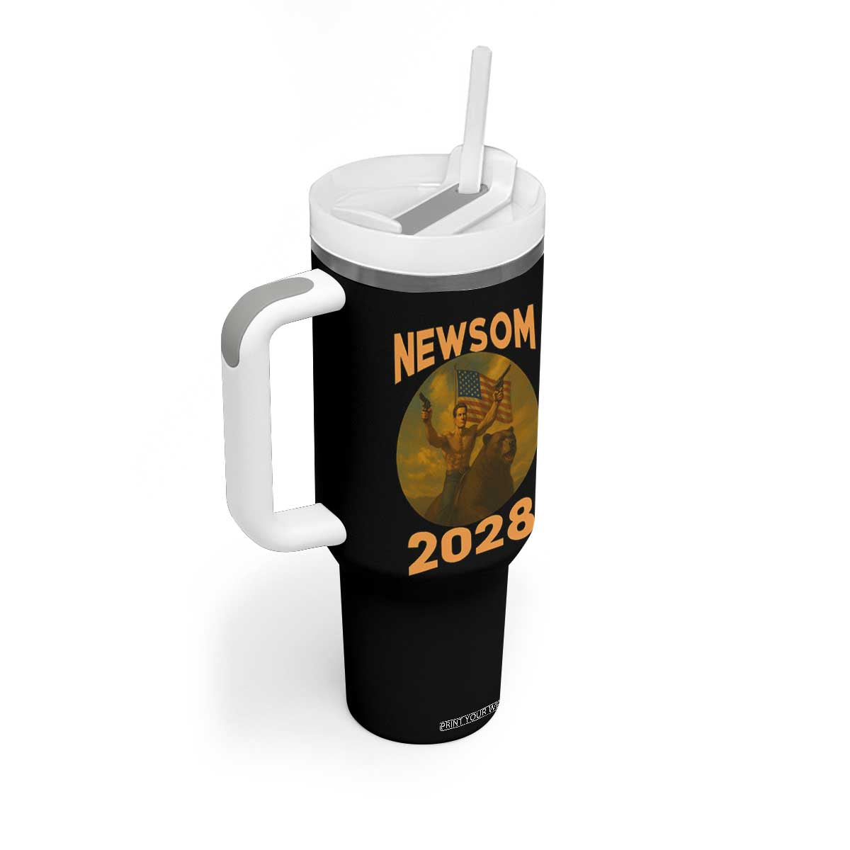 Gavin Newsom 2028 Tumbler With Handle Patriotic Leader President 48 Riding Bear TS11 Print Your Wear