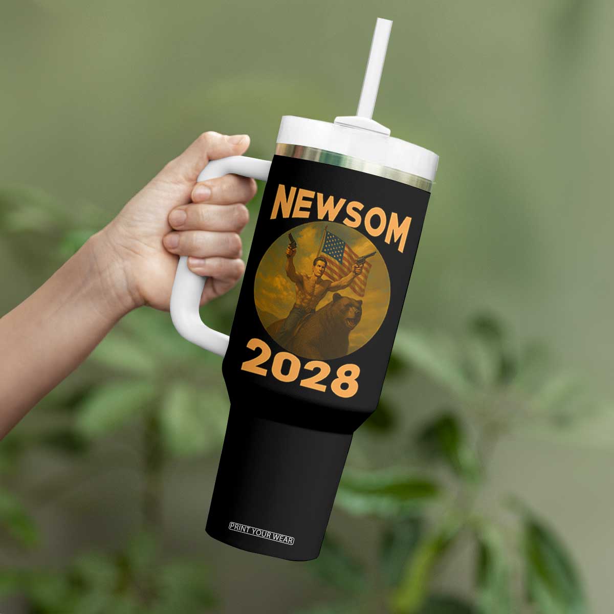 Gavin Newsom 2028 Tumbler With Handle Patriotic Leader President 48 Riding Bear TS11 Print Your Wear