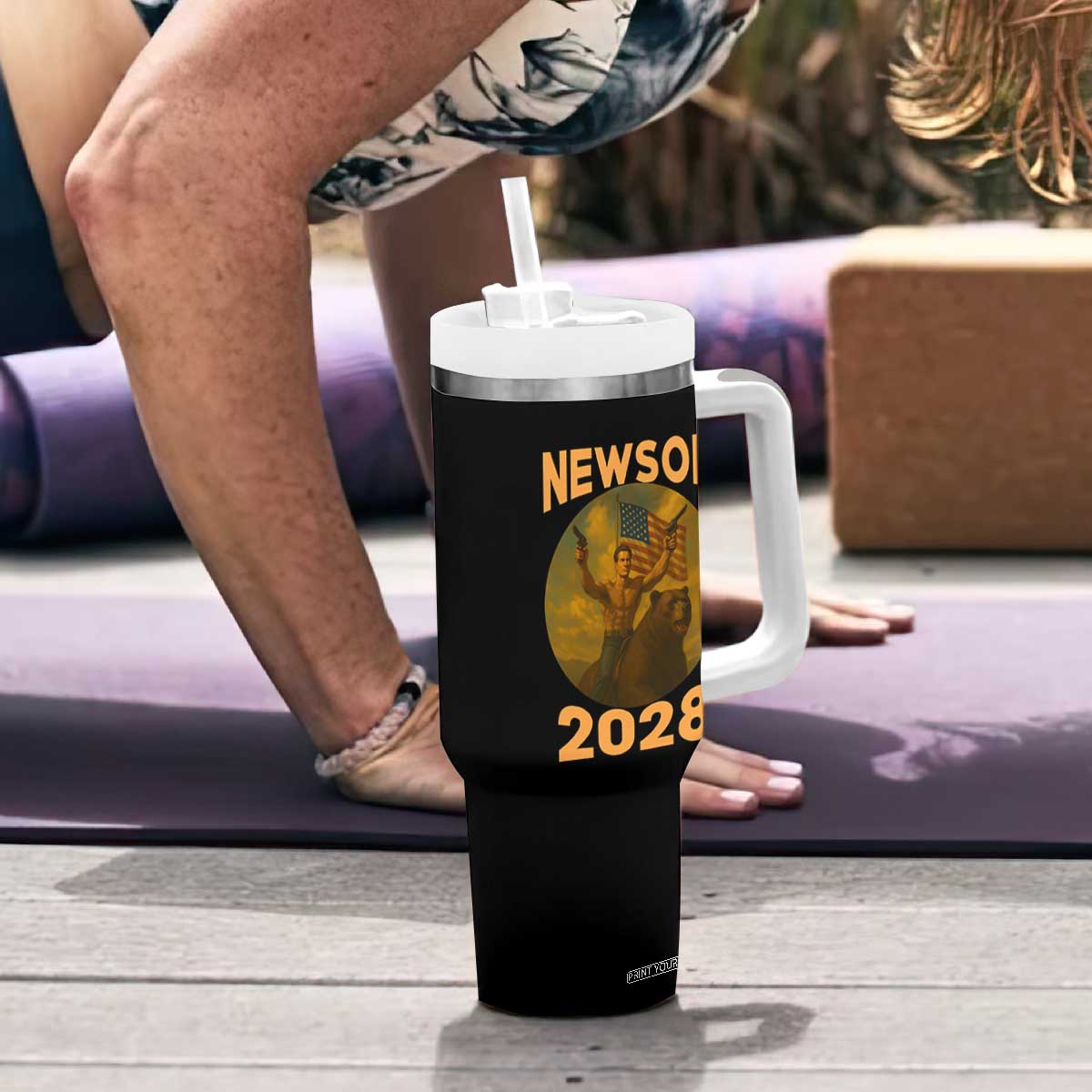 Gavin Newsom 2028 Tumbler With Handle Patriotic Leader President 48 Riding Bear TS11 Print Your Wear