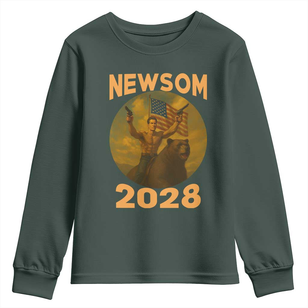 Gavin Newsom 2028 Youth Sweatshirt Patriotic Leader President 48 Riding Bear TS11 Dark Forest Green Print Your Wear
