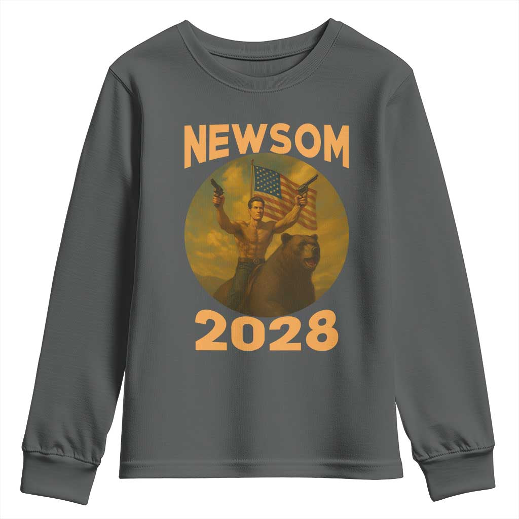 Gavin Newsom 2028 Youth Sweatshirt Patriotic Leader President 48 Riding Bear TS11 Dark Heather Print Your Wear
