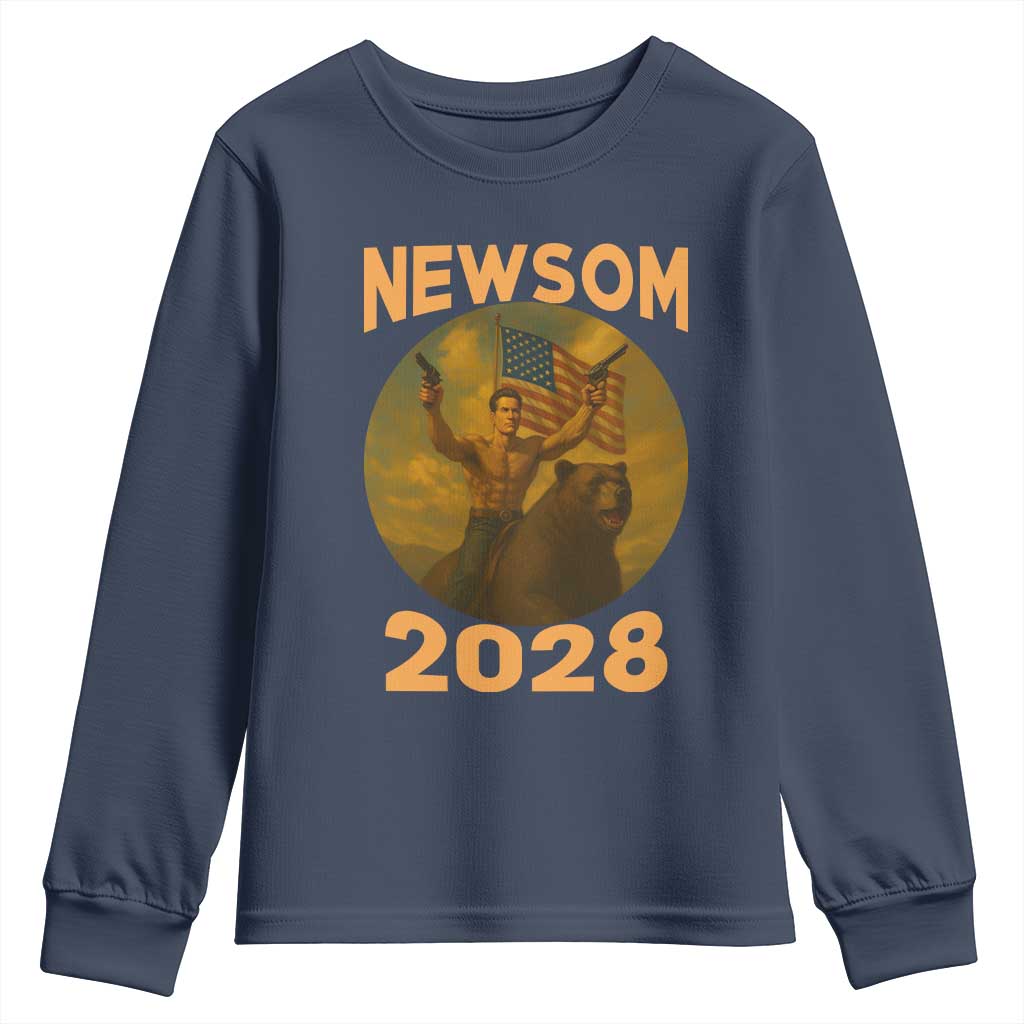 Gavin Newsom 2028 Youth Sweatshirt Patriotic Leader President 48 Riding Bear TS11 Navy Print Your Wear