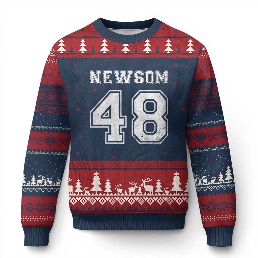 Newsom 48 Ugly Christmas Sweater Gavin Newsom 2028 Presidential Election Campaign - Print Your Wear