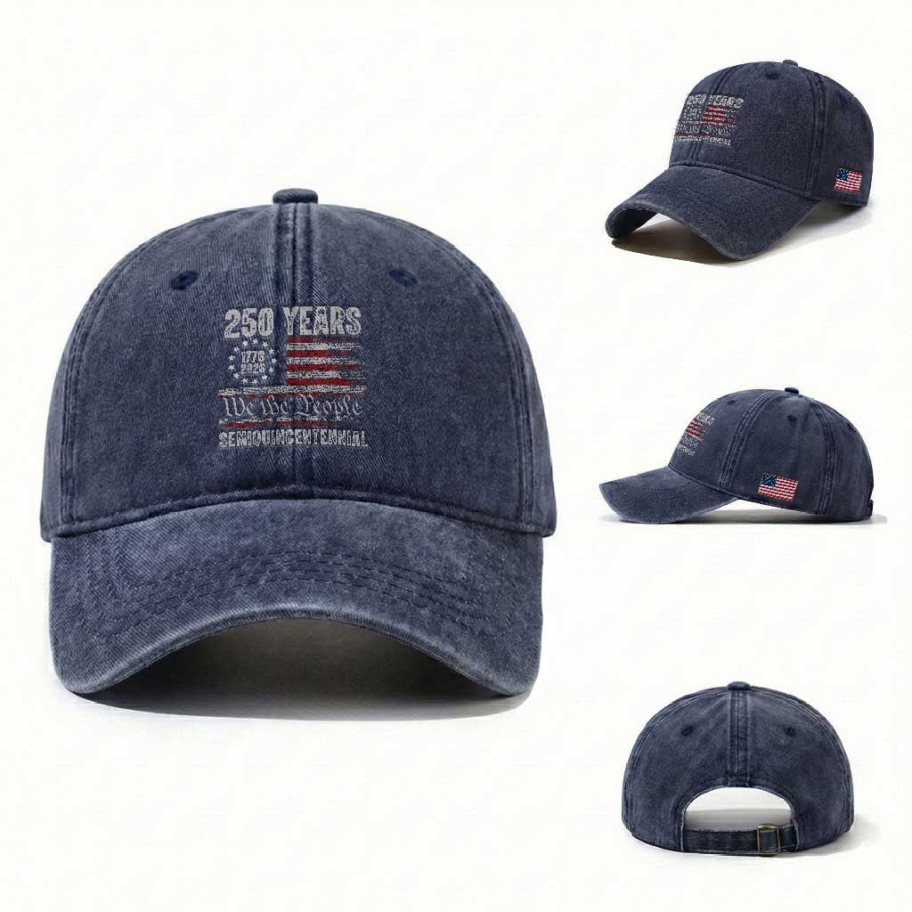 250 Years Semiquincentennial Washed Cotton Baseball Cap 250th America Anniversary Independence Day USA Flag TS11 Washed Cap Universal Fit Navy Print Your Wear