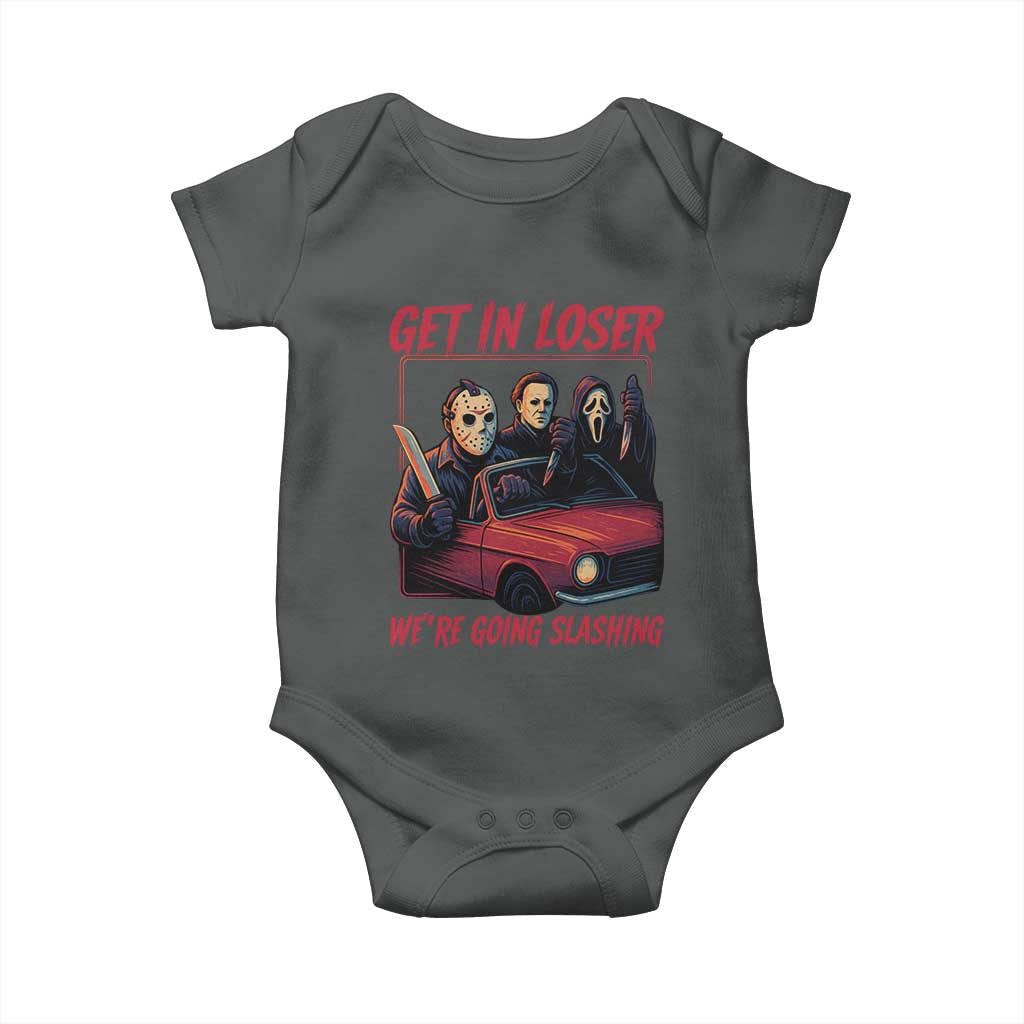 Funny Halloween Horror Slasher Baby Onesie Get In Loser We Are Going Slashing TS11 Dark Heather Print Your Wear