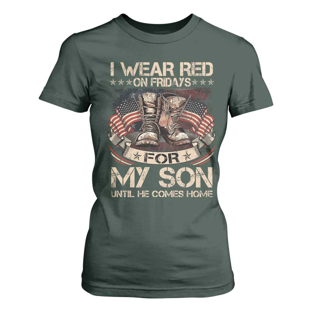 I Wear Red On Fridays For My Son Until He Comes Home T Shirt For Women Vintage American Flag TS11 Dark Forest Green Print Your Wear