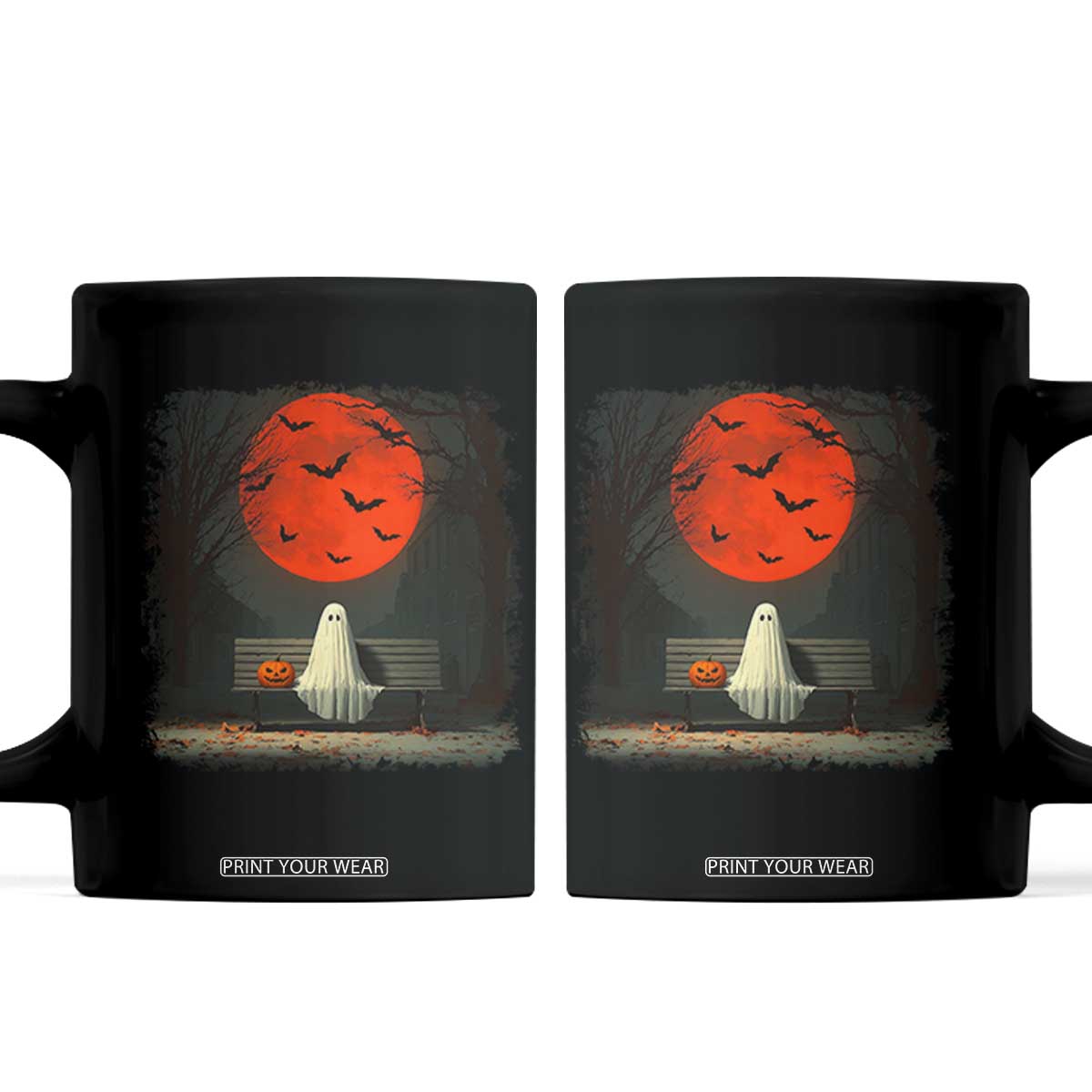 Halloween Lonely Ghost Bench Blood Moon Pumpkin Coffee Mug TS11 Black Print Your Wear