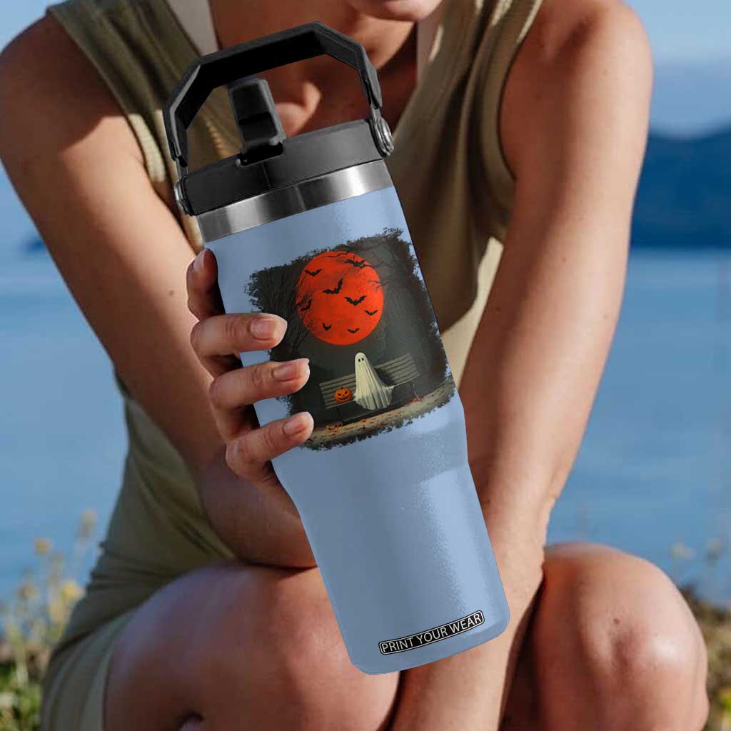 Halloween Lonely Ghost Bench Blood Moon Pumpkin Flip Straw Tumbler TS11 One Size: 30 oz Light Blue Print Your Wear