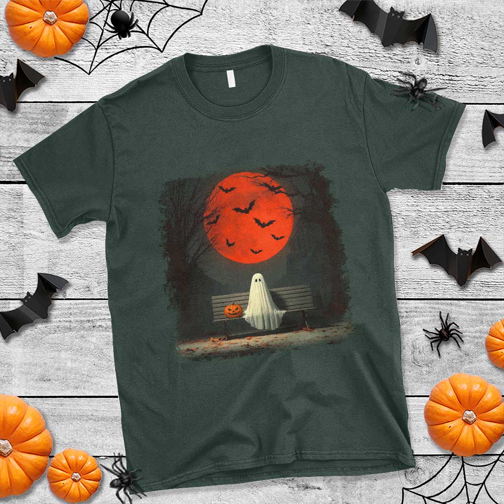 Halloween Lonely Ghost Bench Blood Moon Pumpkin T Shirt TS11 Dark Forest Green Print Your Wear