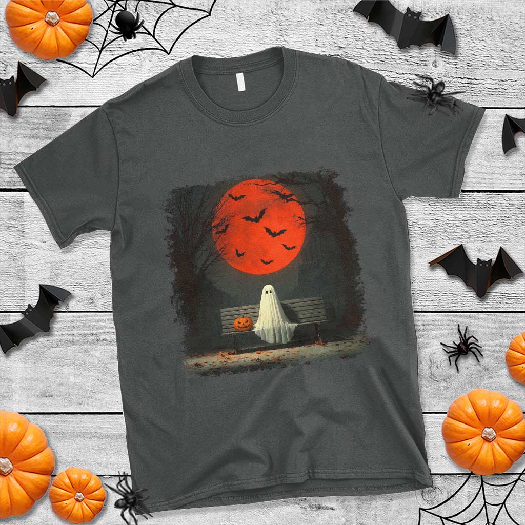 Halloween Lonely Ghost Bench Blood Moon Pumpkin T Shirt TS11 Dark Heather Print Your Wear