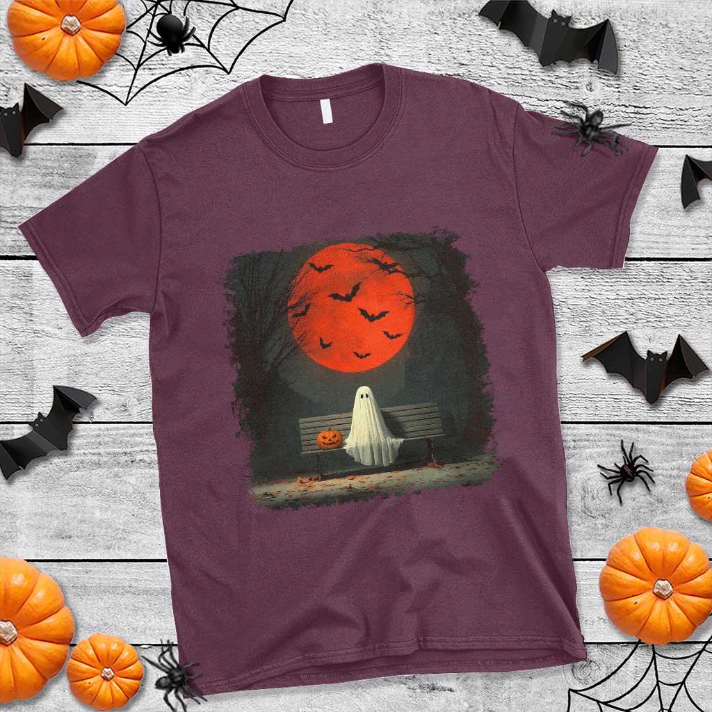 Halloween Lonely Ghost Bench Blood Moon Pumpkin T Shirt TS11 Maroon Print Your Wear