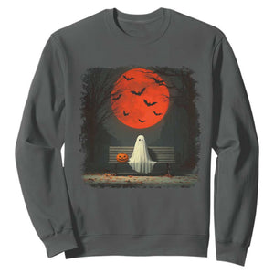 Halloween Lonely Ghost Bench Blood Moon Pumpkin Sweatshirt TS11 Dark Heather Print Your Wear