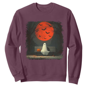 Halloween Lonely Ghost Bench Blood Moon Pumpkin Sweatshirt TS11 Maroon Print Your Wear