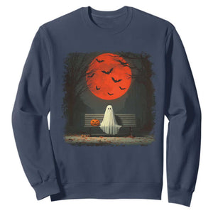 Halloween Lonely Ghost Bench Blood Moon Pumpkin Sweatshirt TS11 Navy Print Your Wear