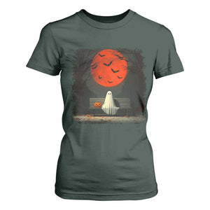 Halloween Lonely Ghost Bench Blood Moon Pumpkin T Shirt For Women TS11 Dark Forest Green Print Your Wear
