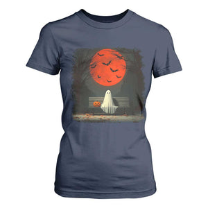 Halloween Lonely Ghost Bench Blood Moon Pumpkin T Shirt For Women TS11 Navy Print Your Wear