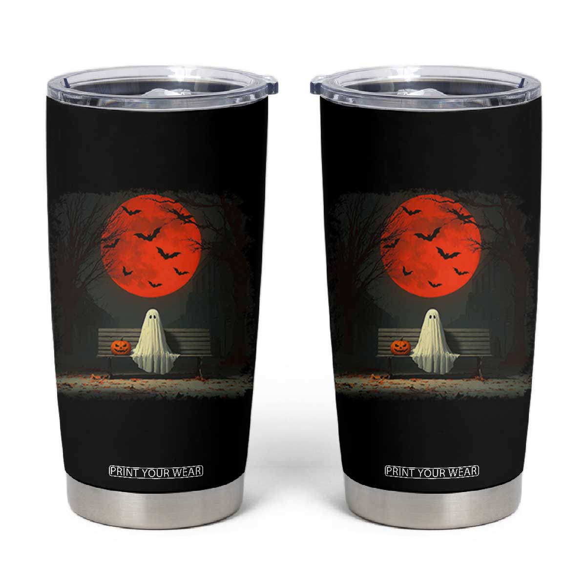 Halloween Lonely Ghost Bench Blood Moon Pumpkin Tumbler Cup TS11 Black Print Your Wear