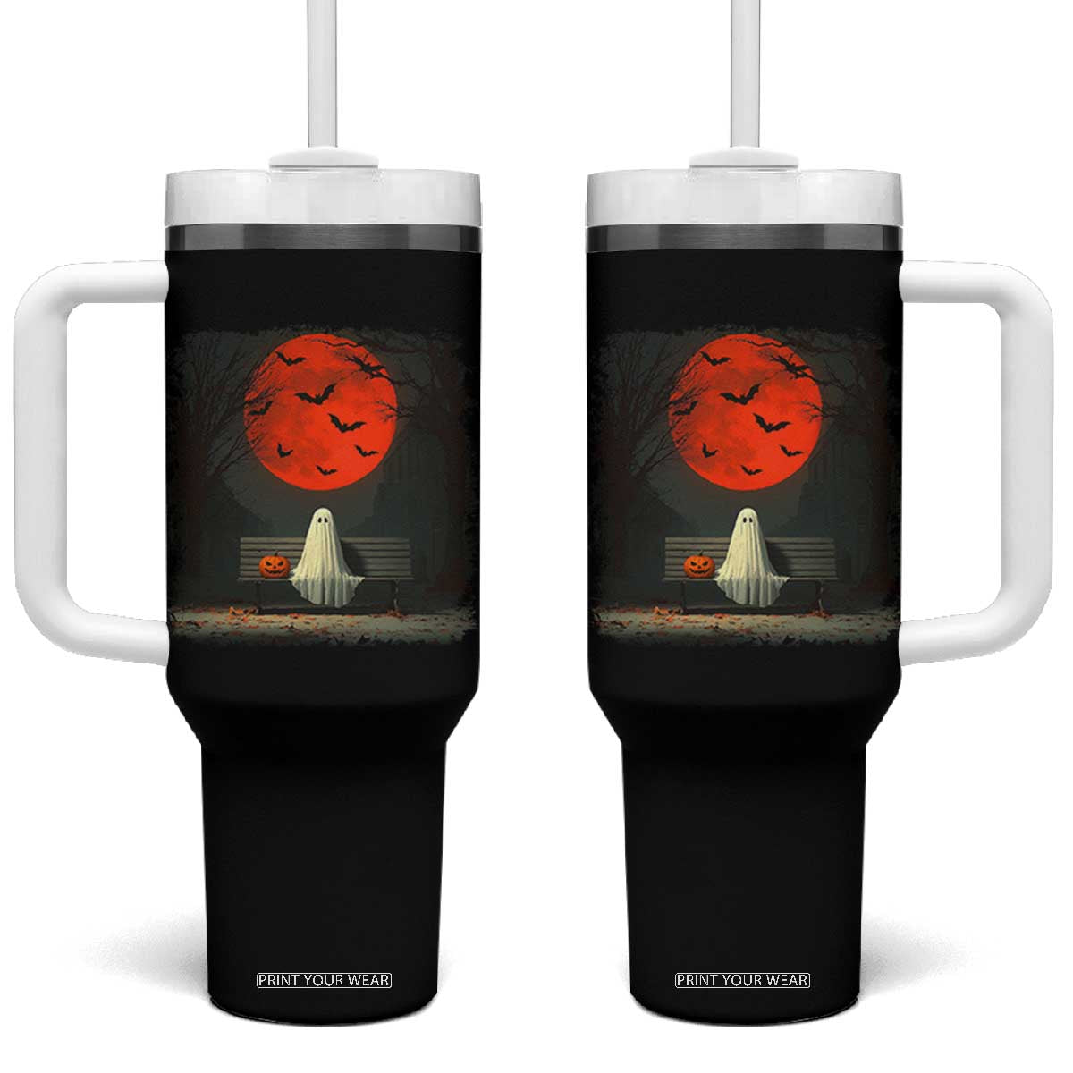 Halloween Lonely Ghost Bench Blood Moon Pumpkin Tumbler With Handle TS11 One Size: 40 oz Black Print Your Wear