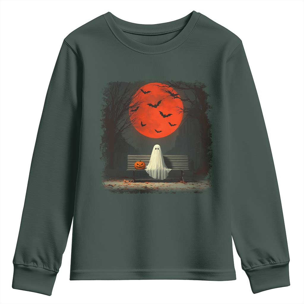 Halloween Lonely Ghost Bench Blood Moon Pumpkin Youth Sweatshirt TS11 Dark Forest Green Print Your Wear