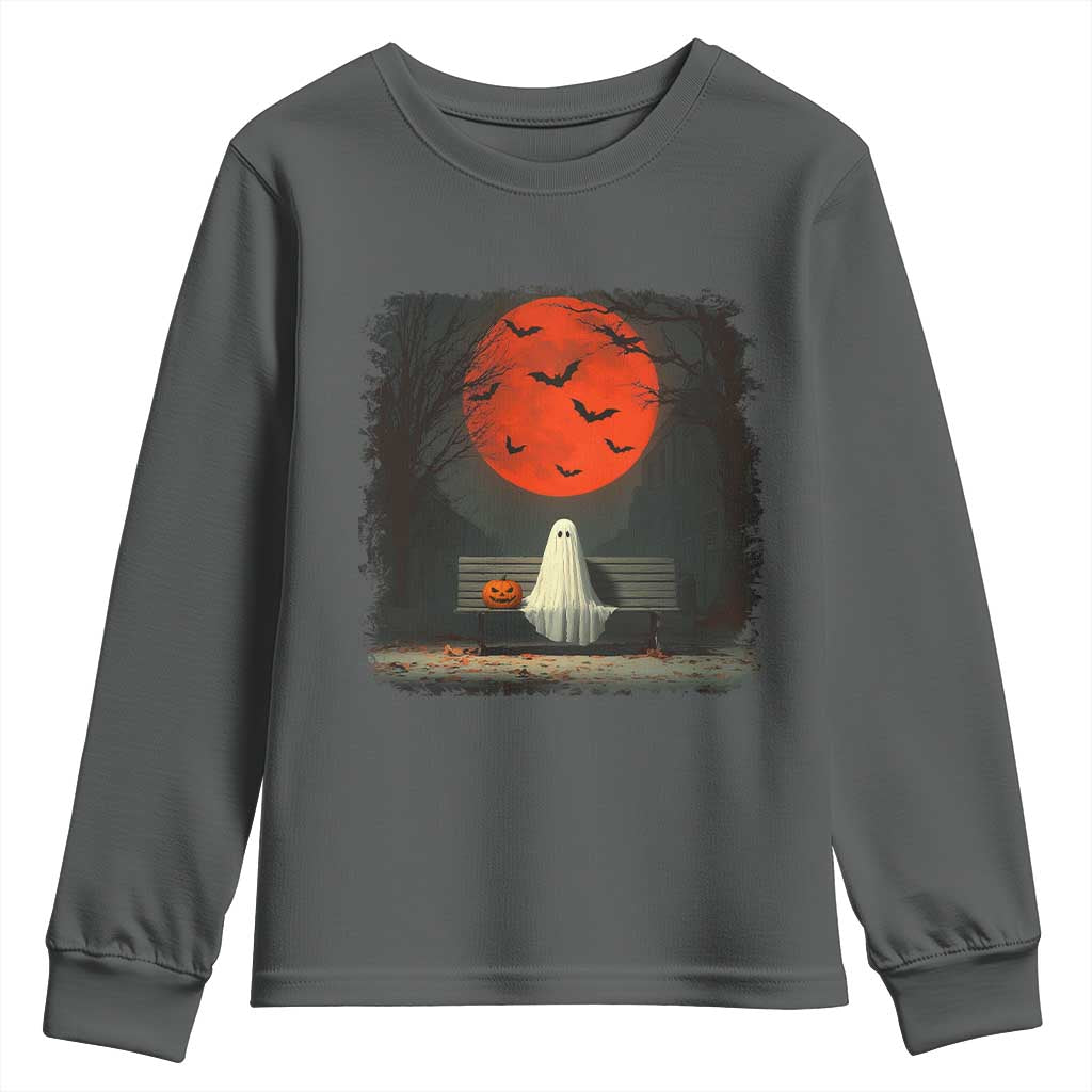 Halloween Lonely Ghost Bench Blood Moon Pumpkin Youth Sweatshirt TS11 Dark Heather Print Your Wear