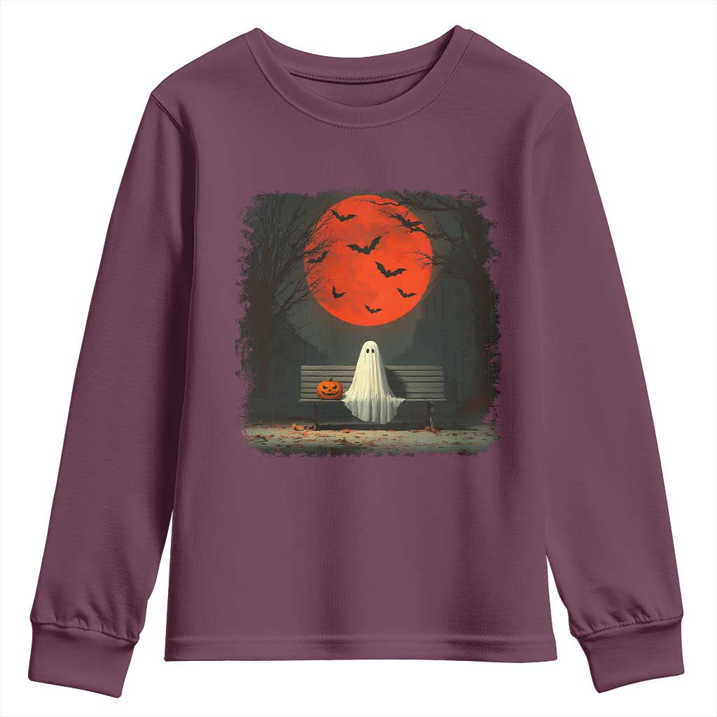 Halloween Lonely Ghost Bench Blood Moon Pumpkin Youth Sweatshirt TS11 Maroon Print Your Wear