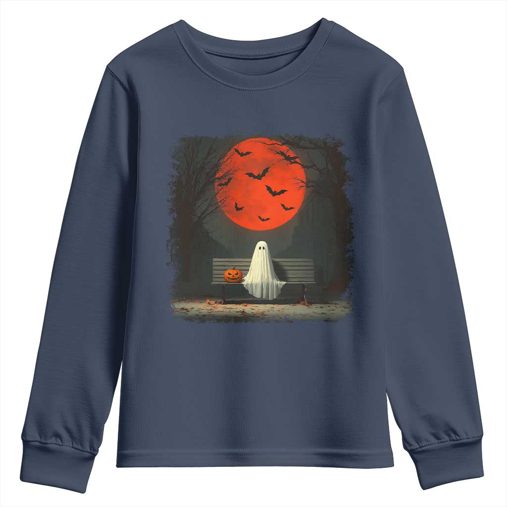 Halloween Lonely Ghost Bench Blood Moon Pumpkin Youth Sweatshirt TS11 Navy Print Your Wear
