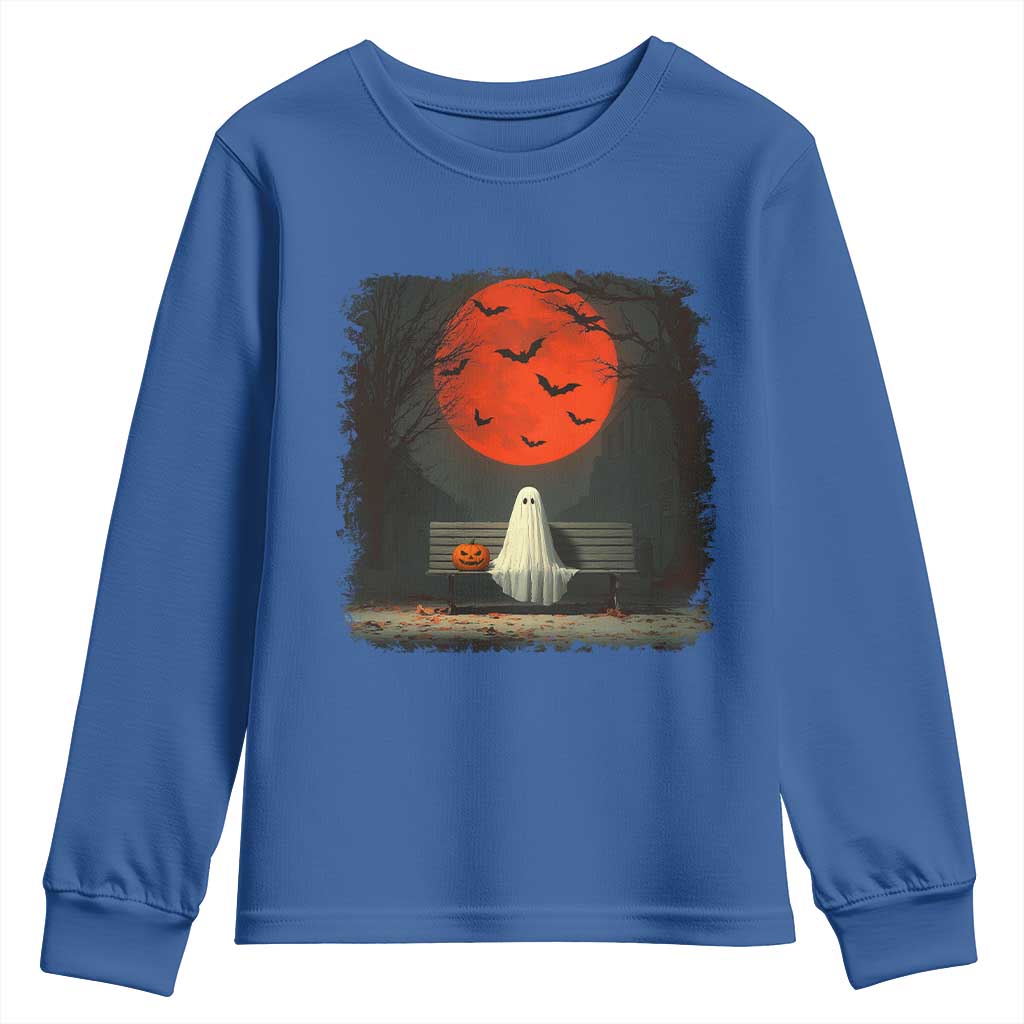 Halloween Lonely Ghost Bench Blood Moon Pumpkin Youth Sweatshirt TS11 Royal Blue Print Your Wear