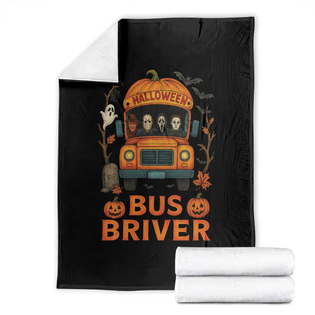 Funny Halloween Bus Driver Throw Blanket Horror Slashers Pumpkin School Bus Spooky Season TS11 Black Print Your Wear