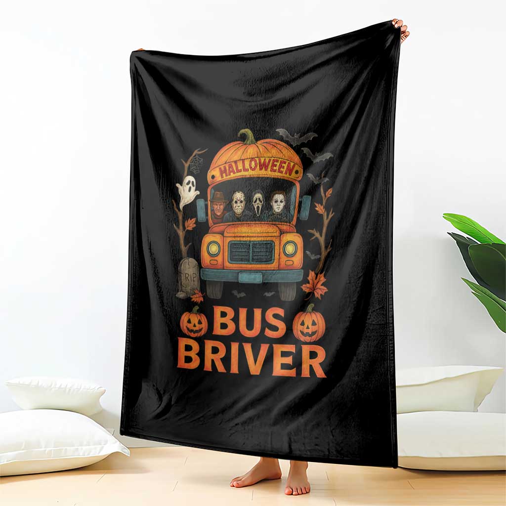 Funny Halloween Bus Driver Throw Blanket Horror Slashers Pumpkin School Bus Spooky Season TS11 Print Your Wear
