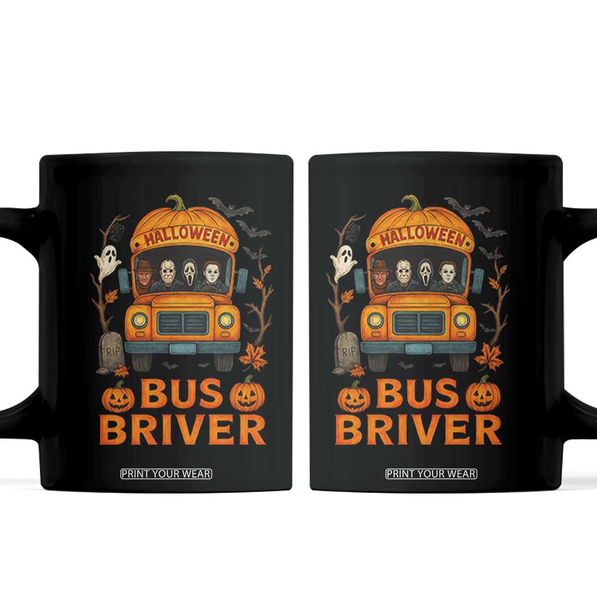 Funny Halloween Bus Driver Coffee Mug Horror Slashers Pumpkin School Bus Spooky Season TS11 Black Print Your Wear