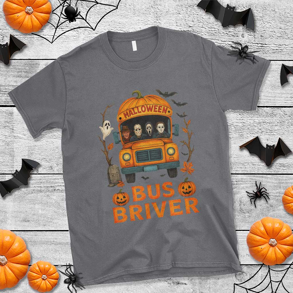 Funny Halloween Bus Driver T Shirt Horror Slashers Pumpkin School Bus Spooky Season TS11 Charcoal Print Your Wear