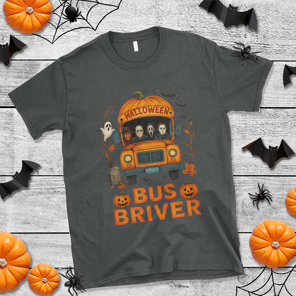 Funny Halloween Bus Driver T Shirt Horror Slashers Pumpkin School Bus Spooky Season TS11 Dark Heather Print Your Wear