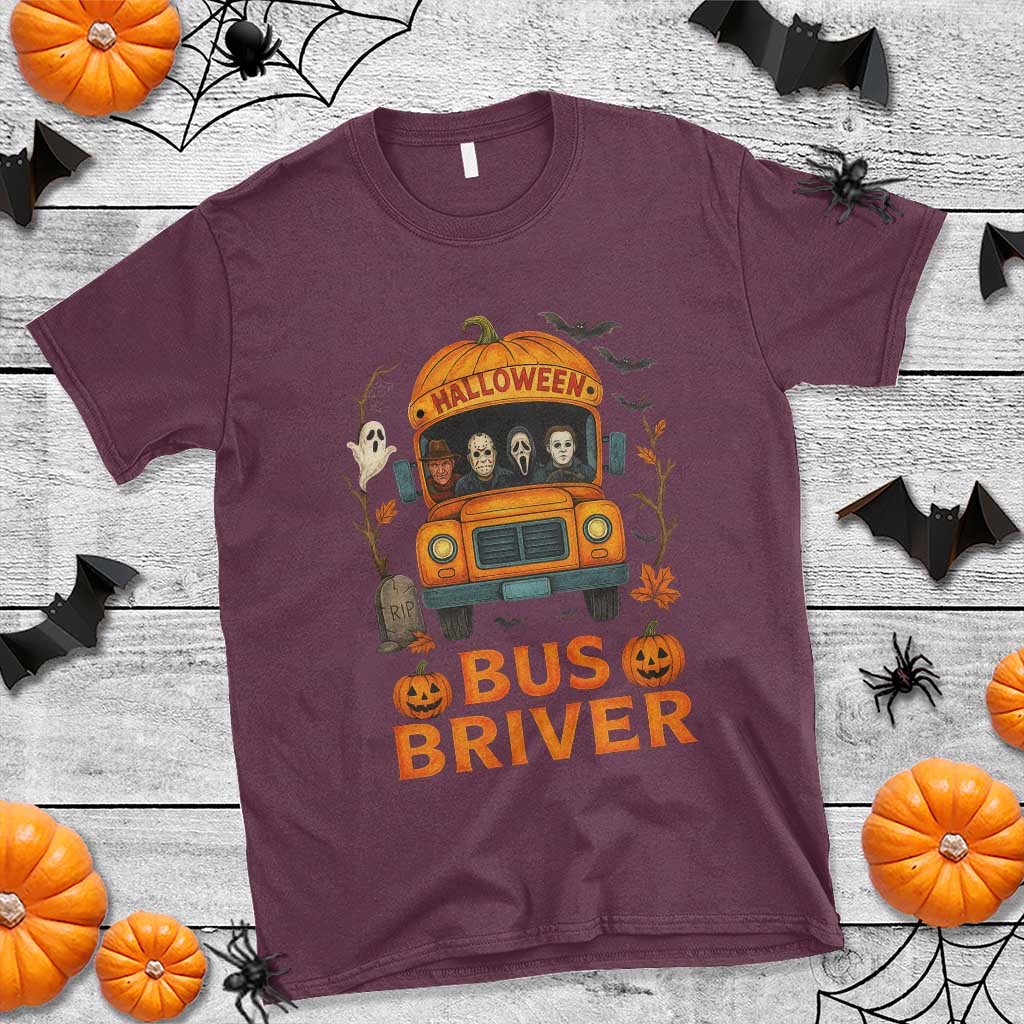 Funny Halloween Bus Driver T Shirt Horror Slashers Pumpkin School Bus Spooky Season TS11 Maroon Print Your Wear