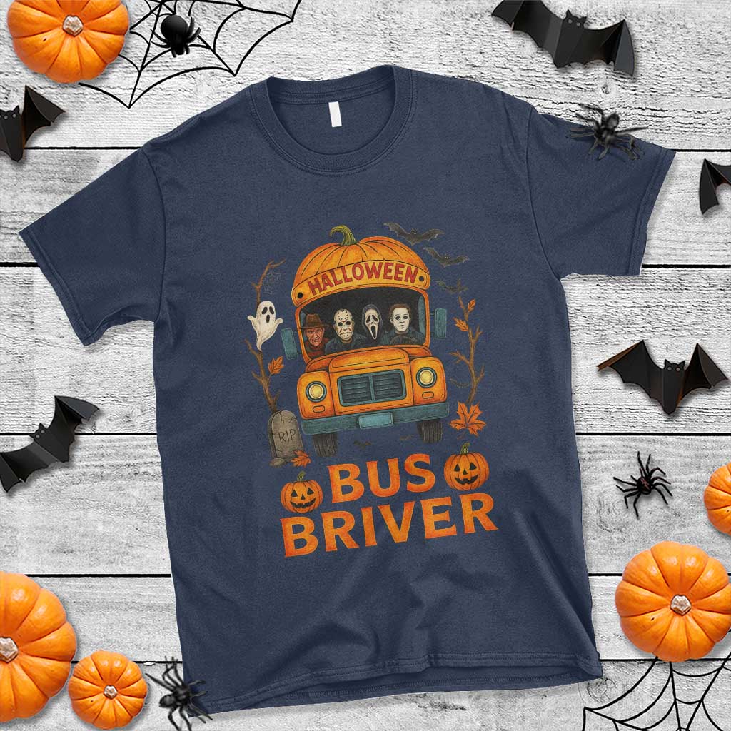 Funny Halloween Bus Driver T Shirt Horror Slashers Pumpkin School Bus Spooky Season TS11 Navy Print Your Wear