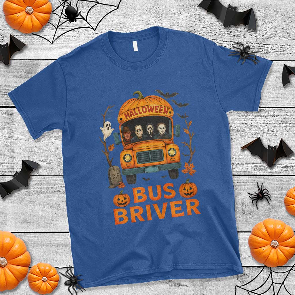 Funny Halloween Bus Driver T Shirt Horror Slashers Pumpkin School Bus Spooky Season TS11 Royal Blue Print Your Wear