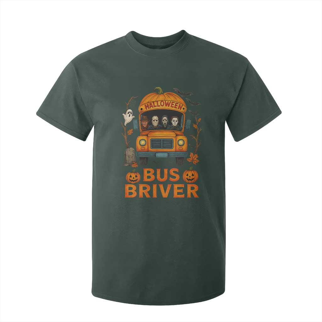Funny Halloween Bus Driver T Shirt For Kid Horror Slashers Pumpkin School Bus Spooky Season TS11 Dark Forest Green Print Your Wear