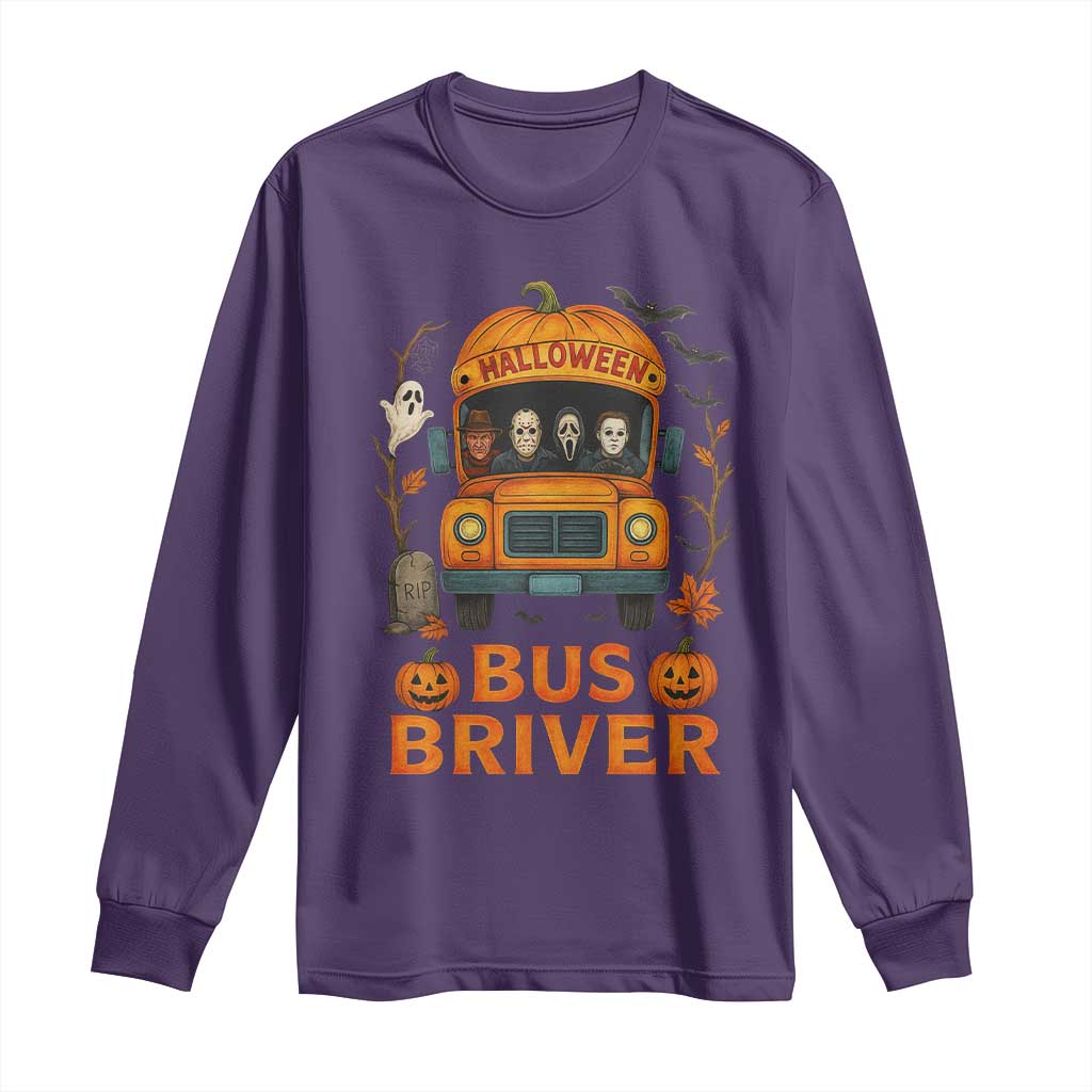 Funny Halloween Bus Driver Long Sleeve Shirt Horror Slashers Pumpkin School Bus Spooky Season TS11 Purple Print Your Wear