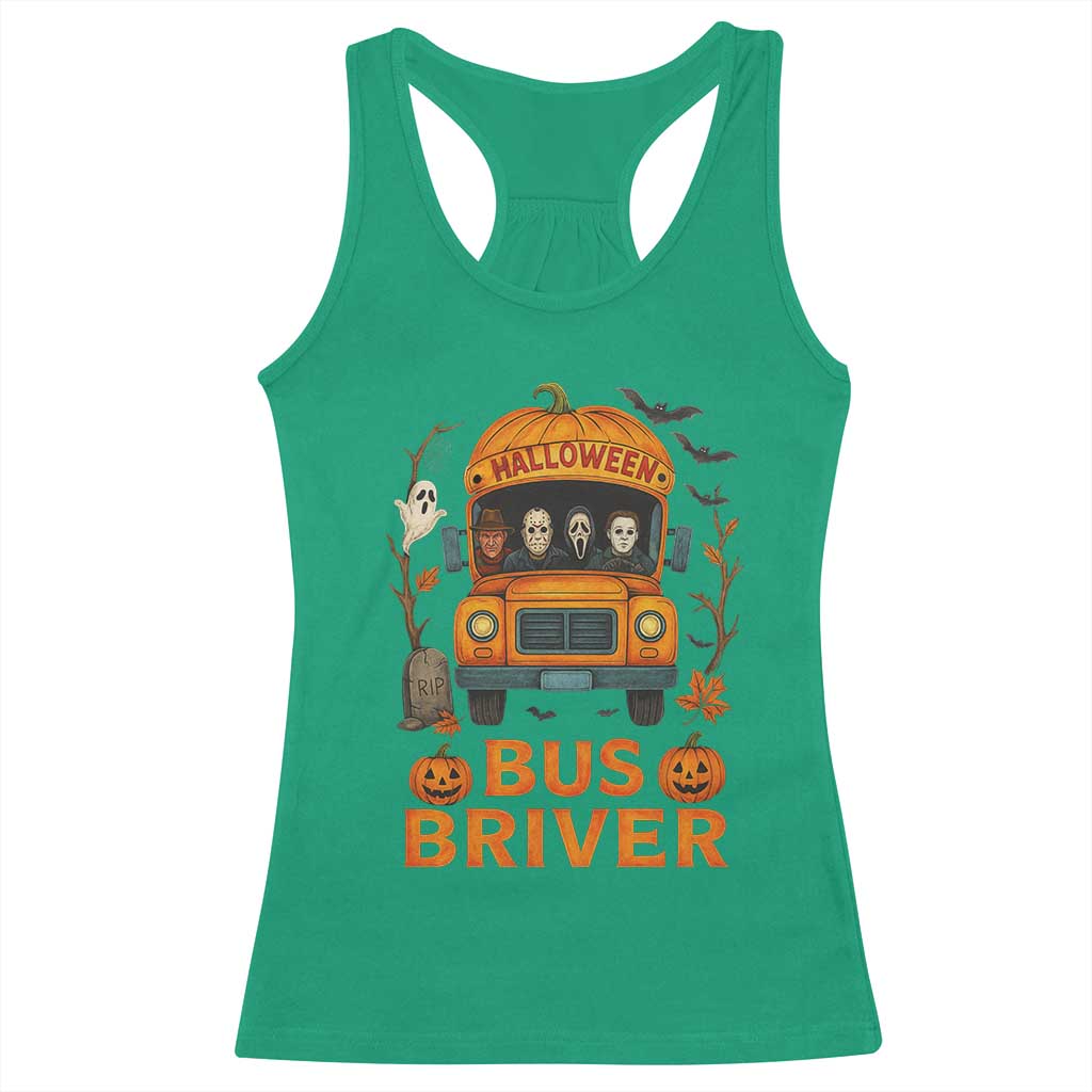 Funny Halloween Bus Driver Racerback Tank Top Horror Slashers Pumpkin School Bus Spooky Season TS11 Irish Green Print Your Wear